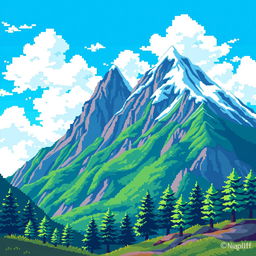 Pixel art depicting a majestic mountain range with vibrant colors