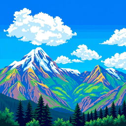 Pixel art depicting a majestic mountain range with vibrant colors