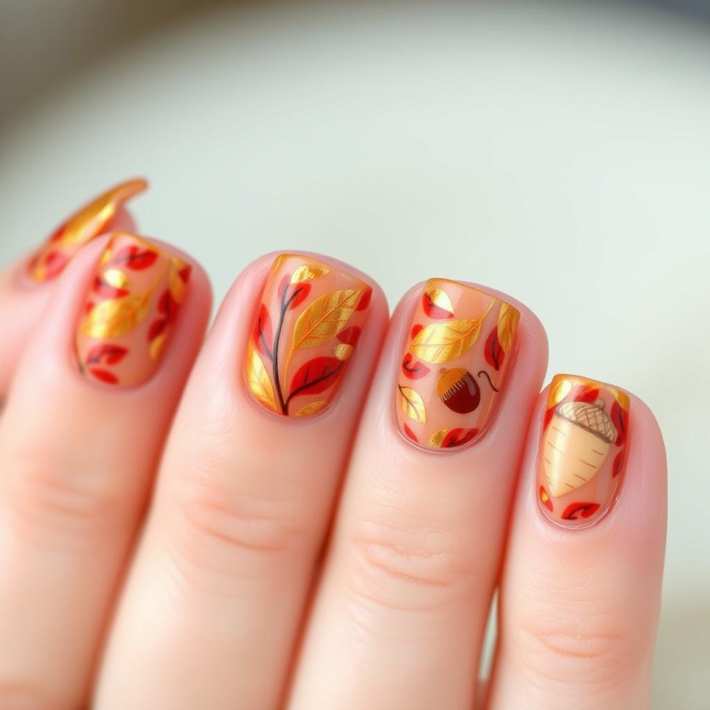 A close-up view of a beautifully manicured hand showcasing stunning autumn-themed nail art