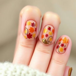 A close-up view of a beautifully manicured hand showcasing stunning autumn-themed nail art