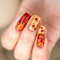 A close-up view of a beautifully manicured hand showcasing stunning autumn-themed nail art