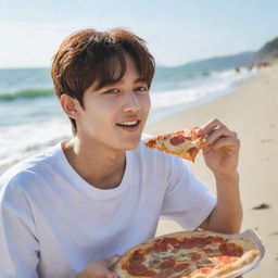 BTS member Kim Taehyung blissfully enjoying a slice of pizza on a sunny beach, with the waves gently crashing in the background.