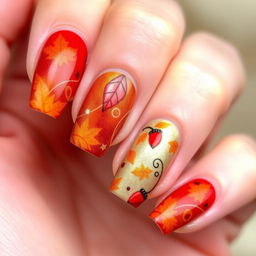 A close-up view of a beautifully manicured hand showcasing stunning autumn-themed nail art