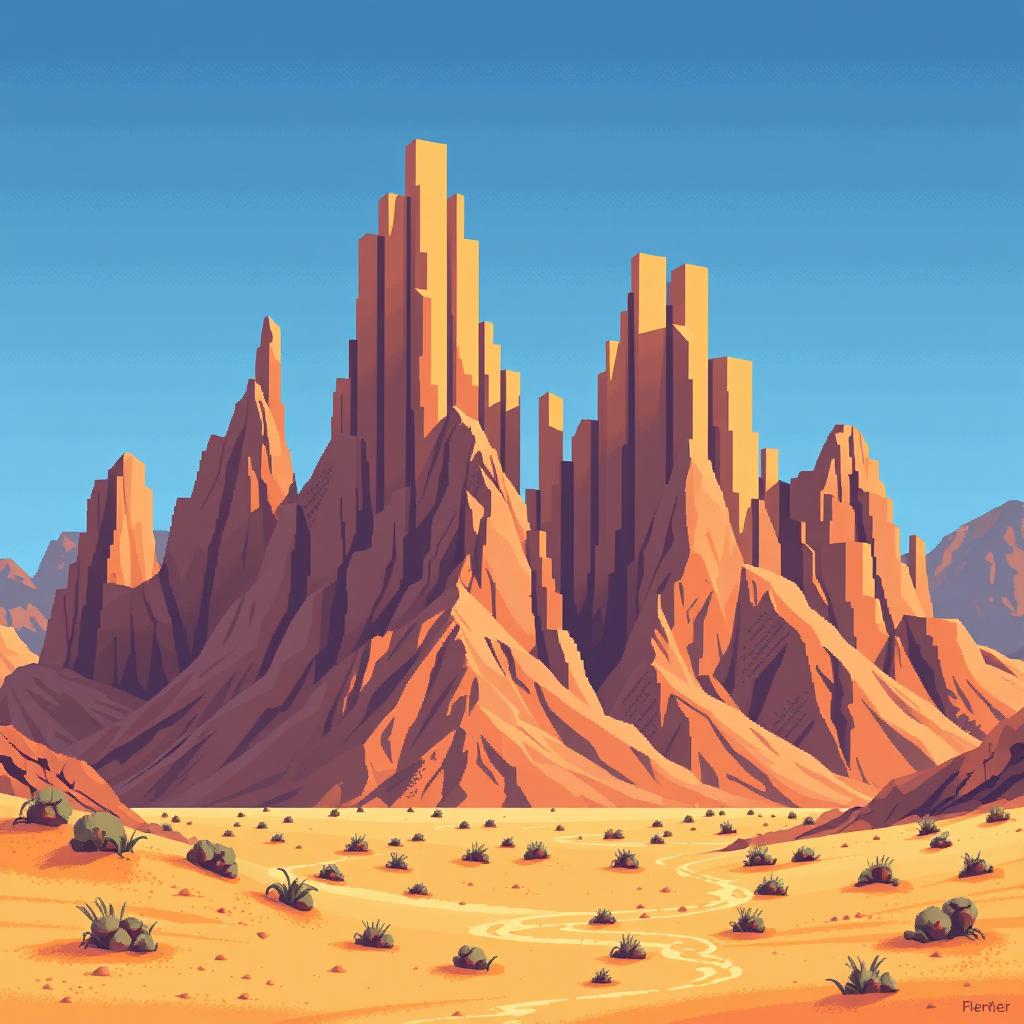 Pixel art showcasing a dramatic mountain landscape with bar graph-like formations