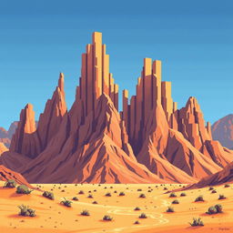 Pixel art showcasing a dramatic mountain landscape with bar graph-like formations