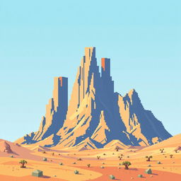 Pixel art showcasing a dramatic mountain landscape with bar graph-like formations