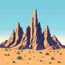 Pixel art showcasing a dramatic mountain landscape with bar graph-like formations