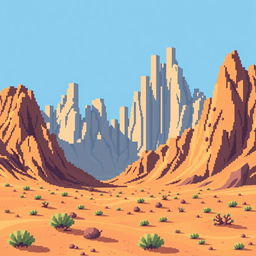 Pixel art showcasing a dramatic mountain landscape with bar graph-like formations