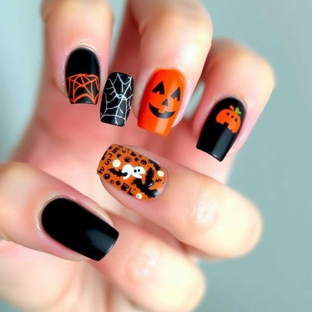 A close-up view of a perfectly manicured hand featuring striking Halloween-themed nail art