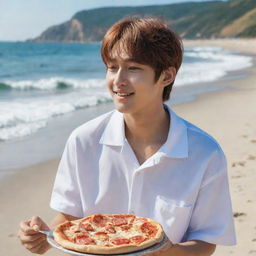 BTS member Kim Taehyung blissfully enjoying a slice of pizza on a sunny beach, with the waves gently crashing in the background.