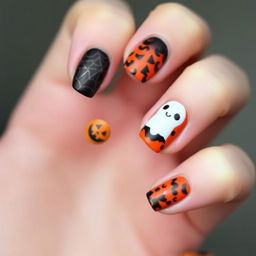 A close-up view of a perfectly manicured hand featuring striking Halloween-themed nail art