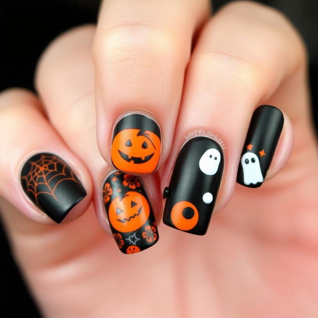 A close-up view of a perfectly manicured hand featuring striking Halloween-themed nail art