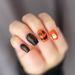 A close-up view of a perfectly manicured hand featuring striking Halloween-themed nail art