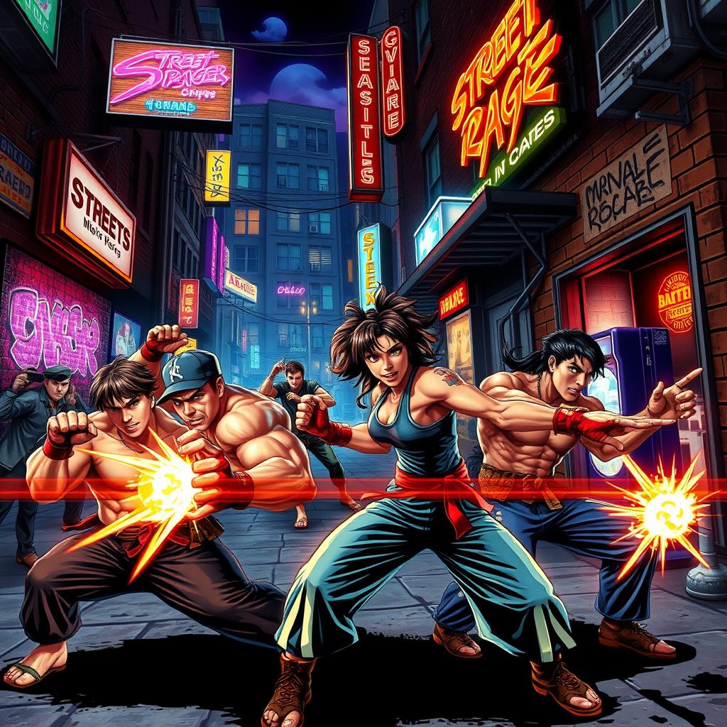 A vibrant, action-packed scene inspired by the classic video game Streets of Rage, depicting a gritty urban setting with neon lights illuminating the streets at night