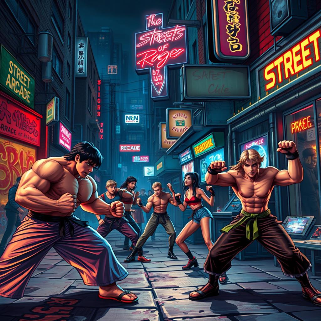 A vibrant, action-packed scene inspired by the classic video game Streets of Rage, depicting a gritty urban setting with neon lights illuminating the streets at night