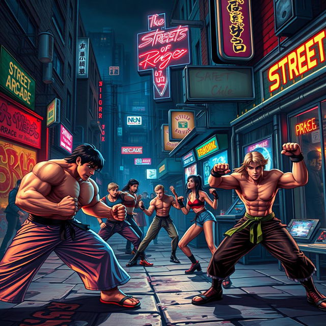 A vibrant, action-packed scene inspired by the classic video game Streets of Rage, depicting a gritty urban setting with neon lights illuminating the streets at night