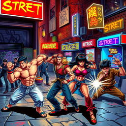 A vibrant, action-packed scene inspired by the classic video game Streets of Rage, depicting a gritty urban setting with neon lights illuminating the streets at night