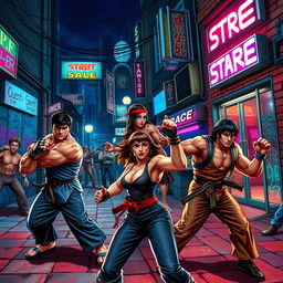 A vibrant, action-packed scene inspired by the classic video game Streets of Rage, depicting a gritty urban setting with neon lights illuminating the streets at night