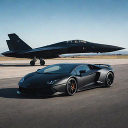 A striking scene featuring a stealthy, matte black Lamborghini and an imposing fighter jet, both in slick black, standing side by side on a sunlit airstrip.