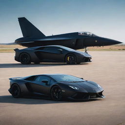 A striking scene featuring a stealthy, matte black Lamborghini and an imposing fighter jet, both in slick black, standing side by side on a sunlit airstrip.