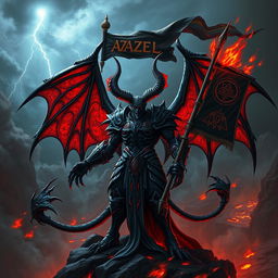 A dramatic and imaginative depiction of Azazel, the demon serving as the signifer of the infernal legions