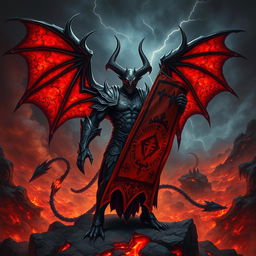 A dramatic and imaginative depiction of Azazel, the demon serving as the signifer of the infernal legions