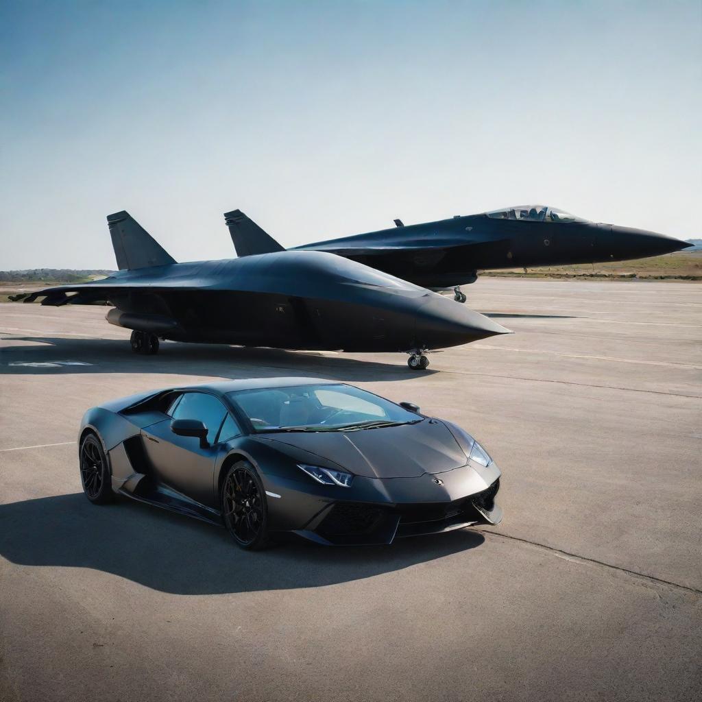 A striking scene featuring a stealthy, matte black Lamborghini and an imposing fighter jet, both in slick black, standing side by side on a sunlit airstrip.