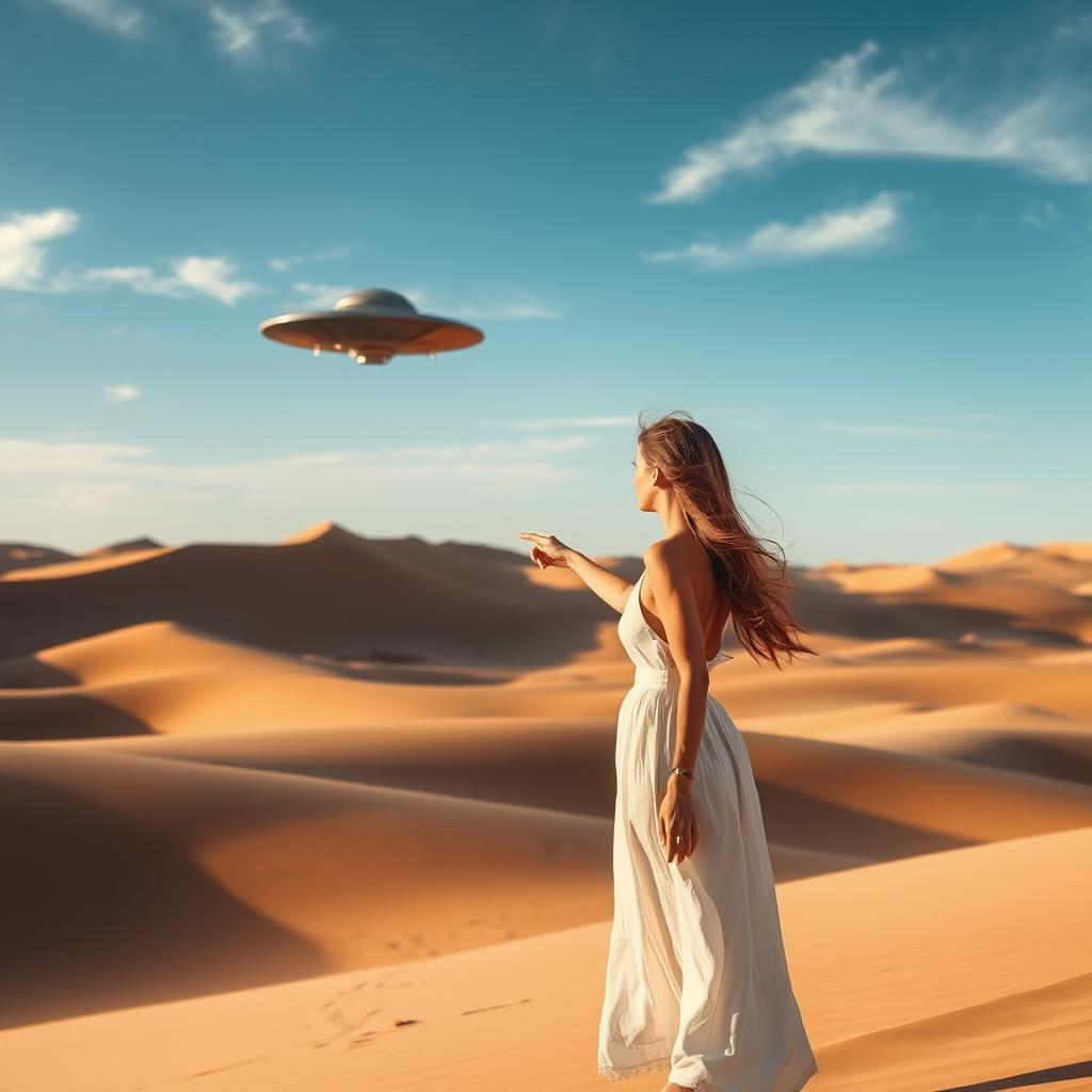 A captivating scene of a woman standing in a vast desert, gazing at a UFO hovering in the distance