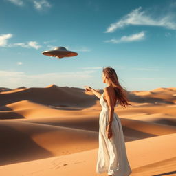 A captivating scene of a woman standing in a vast desert, gazing at a UFO hovering in the distance