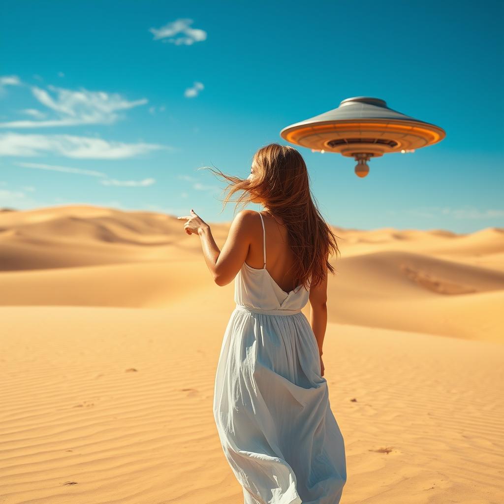 A captivating scene of a woman standing in a vast desert, gazing at a UFO hovering in the distance