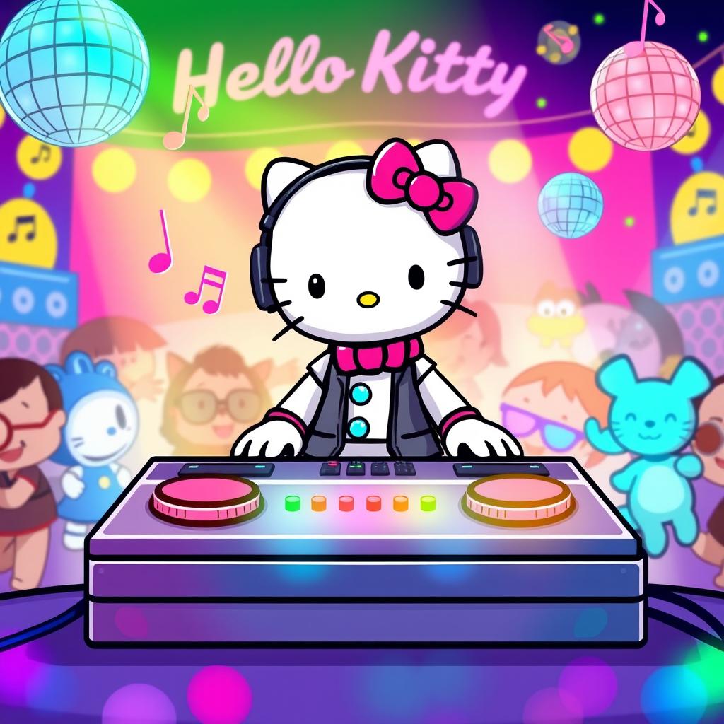 A vibrant and colorful scene featuring Hello Kitty as a DJ