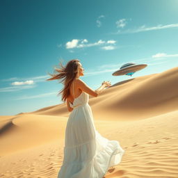 A captivating scene of a woman standing in a vast desert, gazing at a UFO hovering in the distance