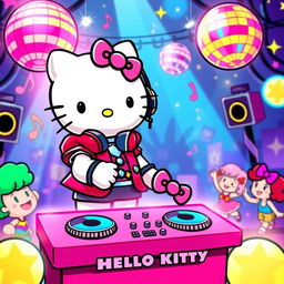 A vibrant and colorful scene featuring Hello Kitty as a DJ