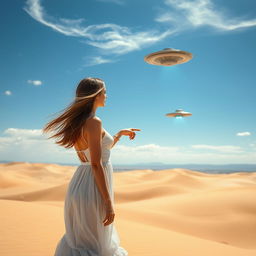 A captivating scene of a woman standing in a vast desert, gazing at a UFO hovering in the distance