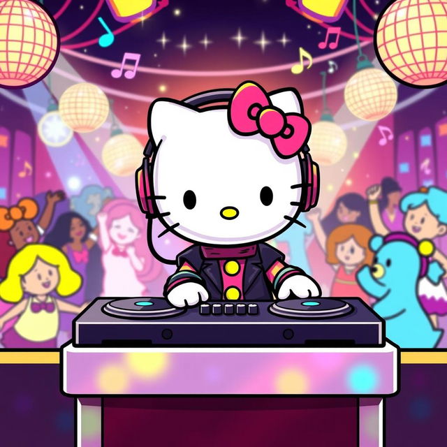 A vibrant and colorful scene featuring Hello Kitty as a DJ