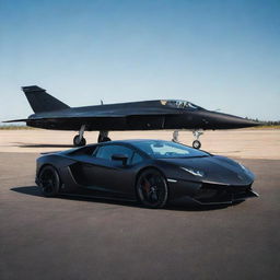 A striking scene featuring a stealthy, matte black Lamborghini and an imposing fighter jet, both in slick black, standing side by side on a sunlit airstrip.