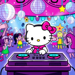 A vibrant and colorful scene featuring Hello Kitty as a DJ