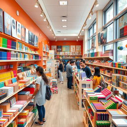 A vibrant and inviting stationery store, featuring multiple rows of neatly organized shelves filled with colorful stationery, office supplies, and crafts