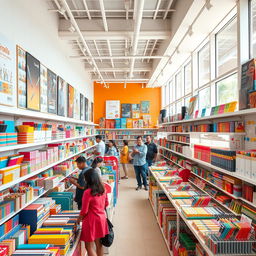 A vibrant and inviting stationery store, featuring multiple rows of neatly organized shelves filled with colorful stationery, office supplies, and crafts