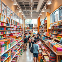 A vibrant and inviting stationery store, featuring multiple rows of neatly organized shelves filled with colorful stationery, office supplies, and crafts