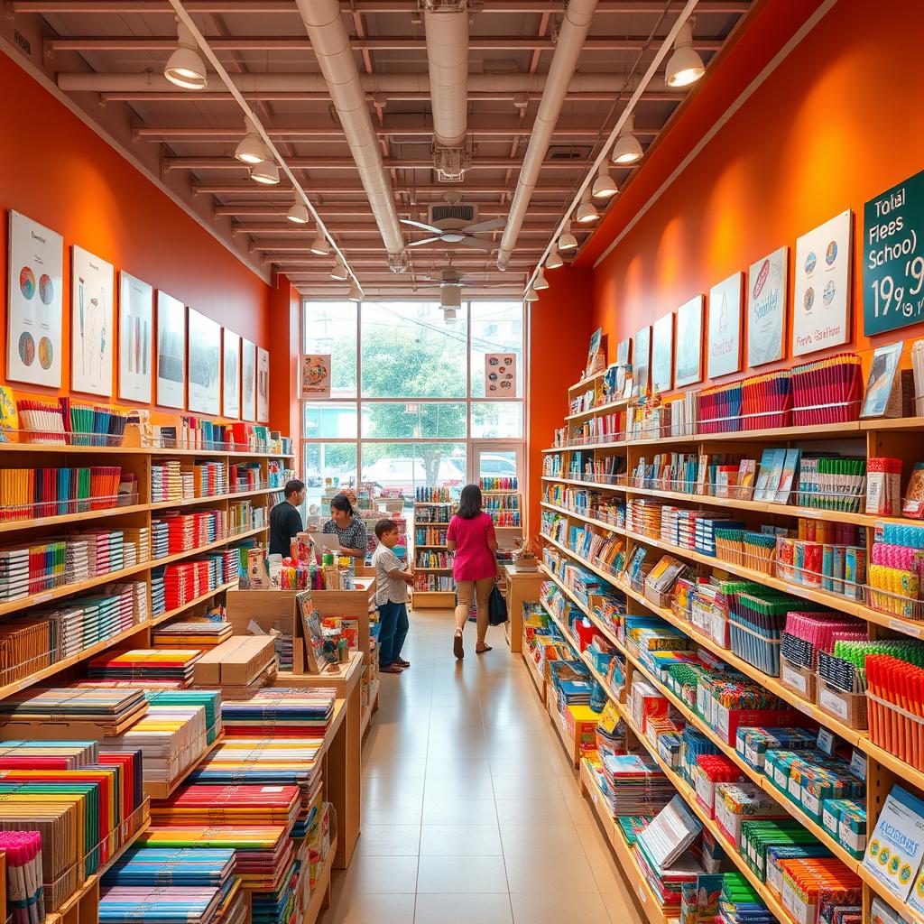 A vibrant and inviting stationery store, featuring multiple rows of neatly organized shelves filled with colorful stationery, office supplies, and crafts