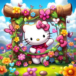 A whimsical and adventurous scene featuring Hello Kitty in a fantasy setting