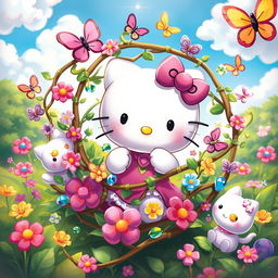 A whimsical and adventurous scene featuring Hello Kitty in a fantasy setting