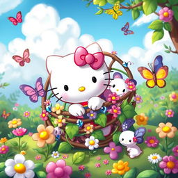 A whimsical and adventurous scene featuring Hello Kitty in a fantasy setting