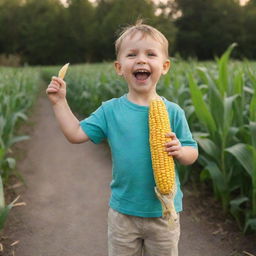 A full-length image of a happy child, holding a fresh corn cob outstretched, as if to present it to someone.