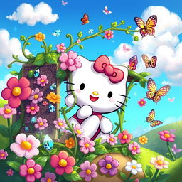 A whimsical and adventurous scene featuring Hello Kitty in a fantasy setting