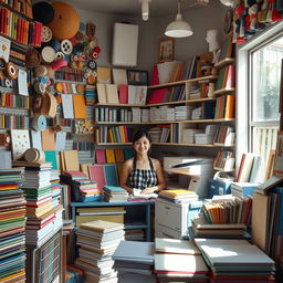 A cozy stationery and photocopy shop filled with colorful office supplies, paper stacks, and a photocopier in the corner