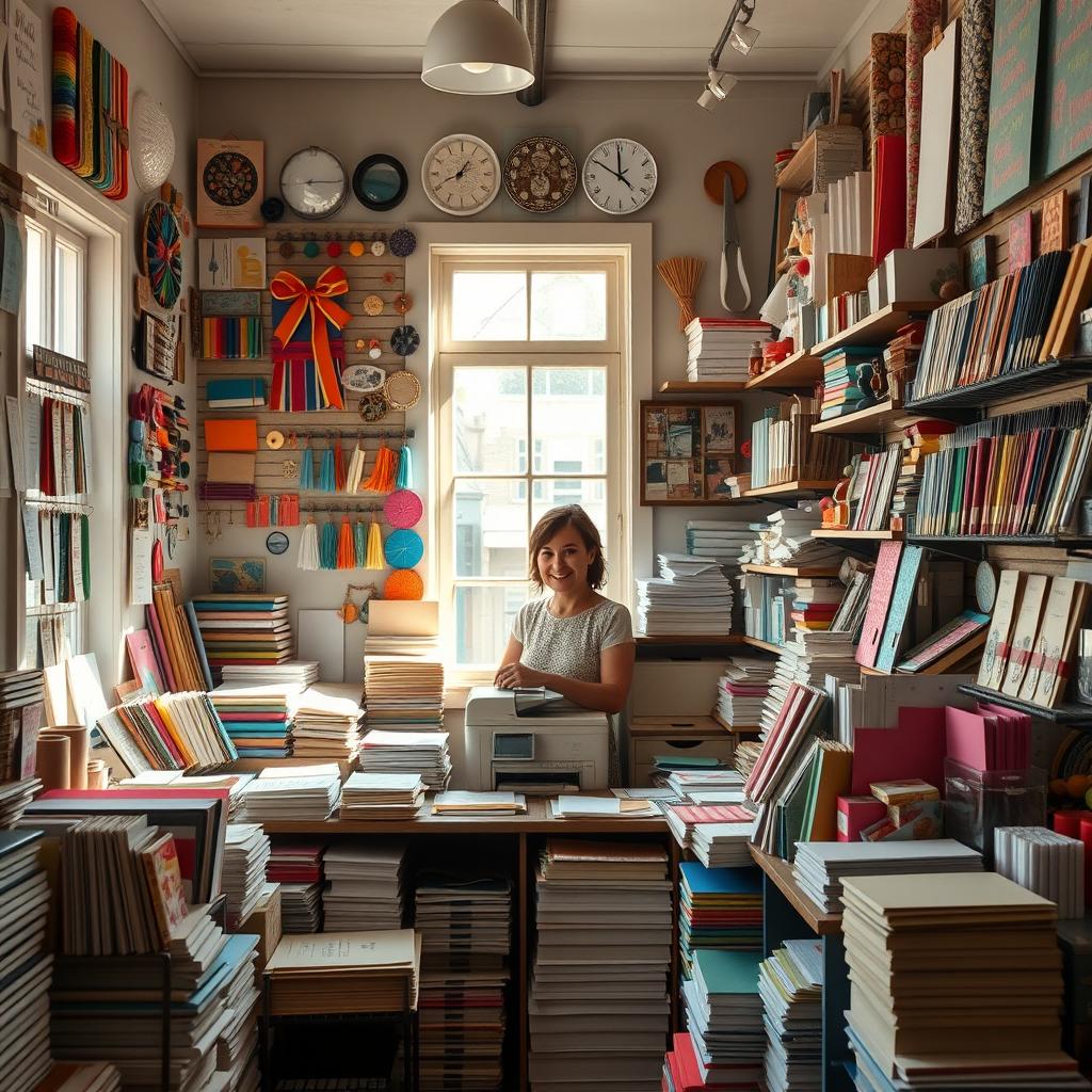 A cozy stationery and photocopy shop filled with colorful office supplies, paper stacks, and a photocopier in the corner