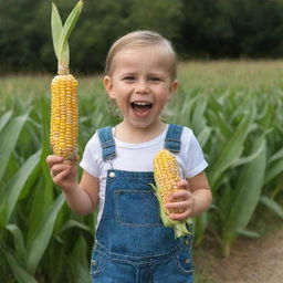 A full-length image of a happy child, holding a fresh corn cob outstretched, as if to present it to someone.