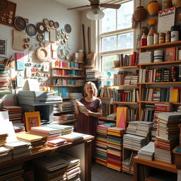 A cozy stationery and photocopy shop filled with colorful office supplies, paper stacks, and a photocopier in the corner